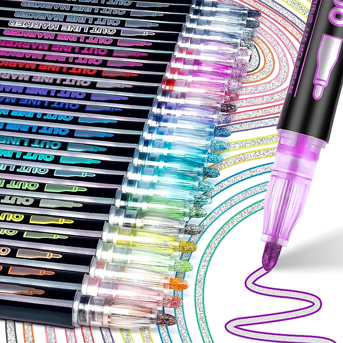Double Color Outline Art Pens, Glitter Metallic Marker Pens, Magic Rainbow Line Drawing Pens for DIY Graffiti & Highlighting
Double Color Outline Art Pens, Glitter Metallic Marker Pens, Magic Rainbow Line Drawing Pens for DIY Graffiti & Highlighting