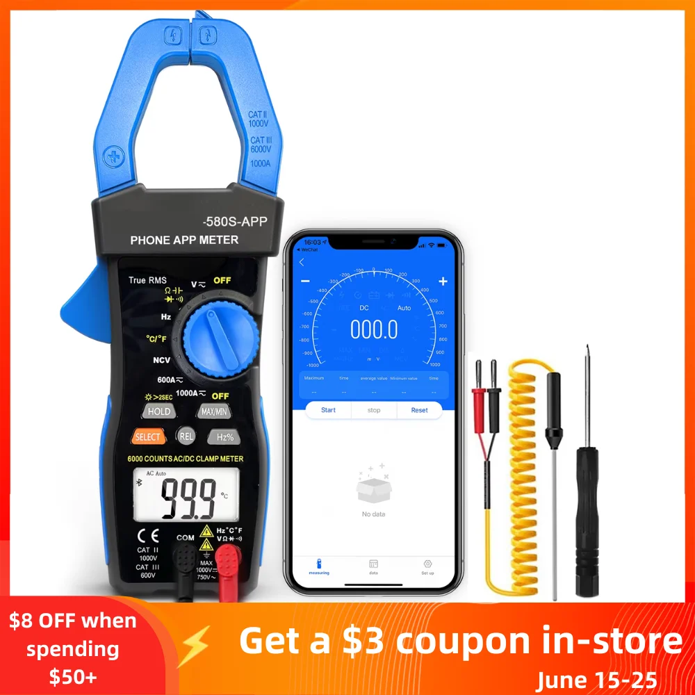 HoldPeak HP-580S-APP True RMS Clamp Meter, 6000 Counts, APP Connect, 1000A AC/DC, Voltage, Resistance, Temperature, Continuity
HoldPeak HP-580S-APP True RMS Clamp Meter, 6000 Counts, APP Connect, 1000A AC/DC, Voltage, Resistance, Temperature, Continuity