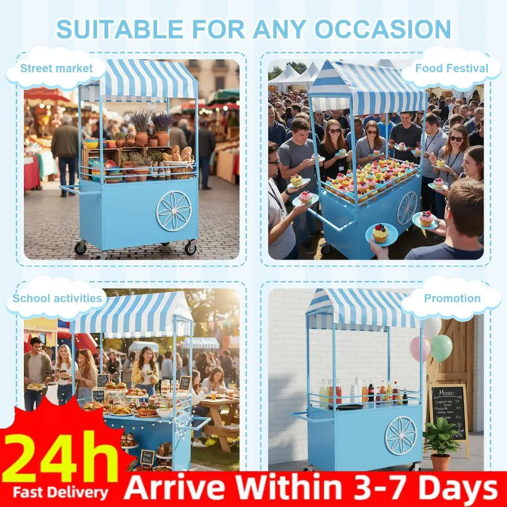 Mobile Food Display Stand with Lockable Wheels Vending Stand Kiosk Display Trolley with Canopy for Shopping Malls Events Streets
Mobile Food Display Stand with Lockable Wheels Vending Stand Kiosk Display Trolley with Canopy for Shopping Malls Events Streets