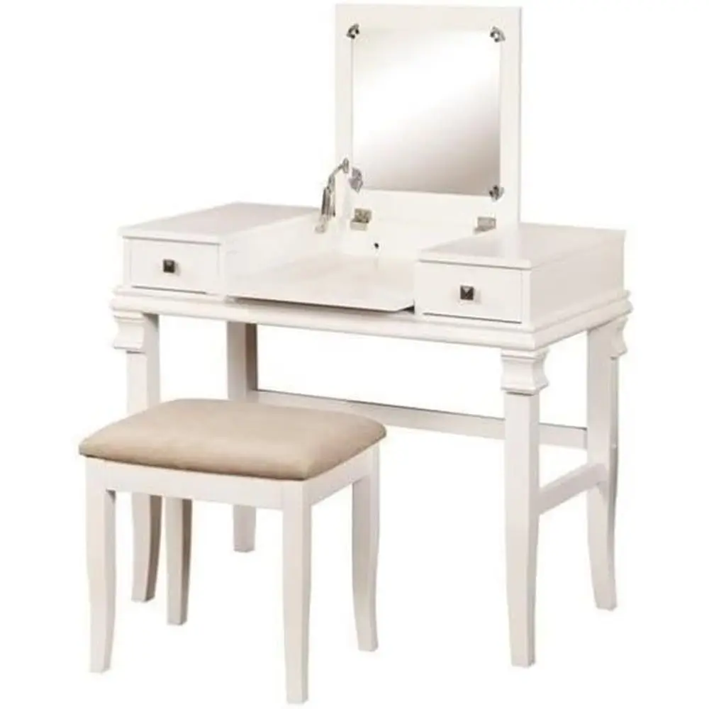 White Elegant Vanity Set with Lip Top, Hidden Mirror, Storage Drawers, Beige Stool, Suitable for Bedroom or Bathroom
White Elegant Vanity Set with Lip Top, Hidden Mirror, Storage Drawers, Beige Stool, Suitable for Bedroom or Bathroom