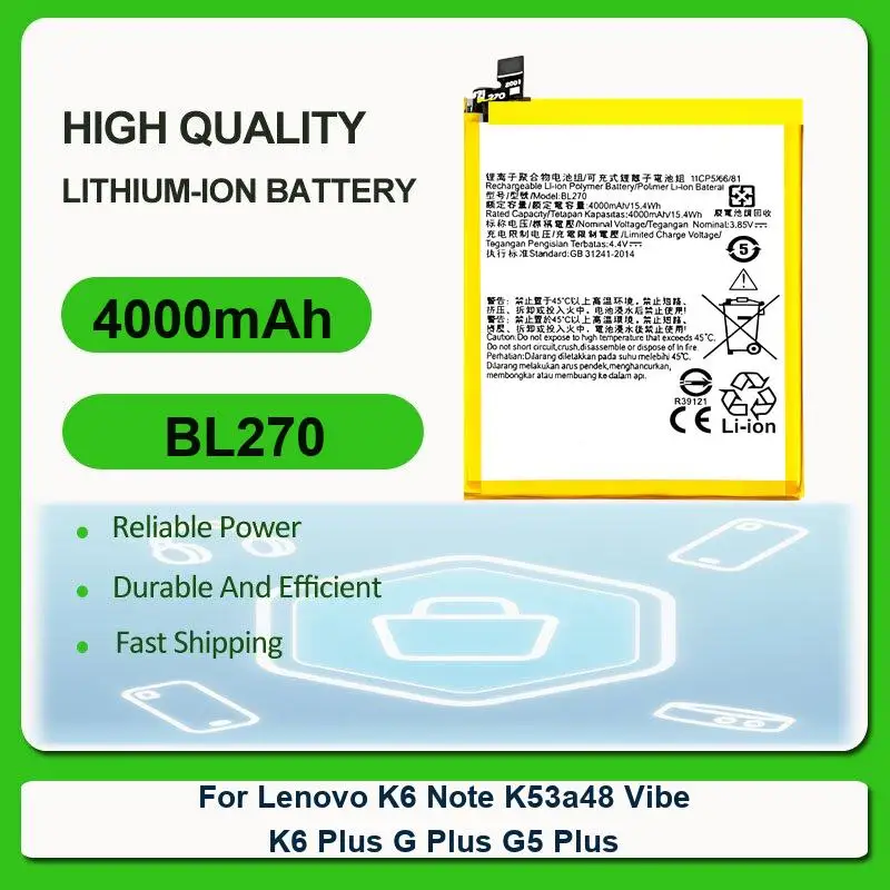 Сменная батарея для мобильного телефона Lenovo K6 Note K53a48 Vibe K6 Plus G Plus G5 Plus BL270 4000 мАч
Сменная батарея для мобильного телефона Lenovo K6 Note K53a48 Vibe K6 Plus G Plus G5 Plus BL270 4000 мАч