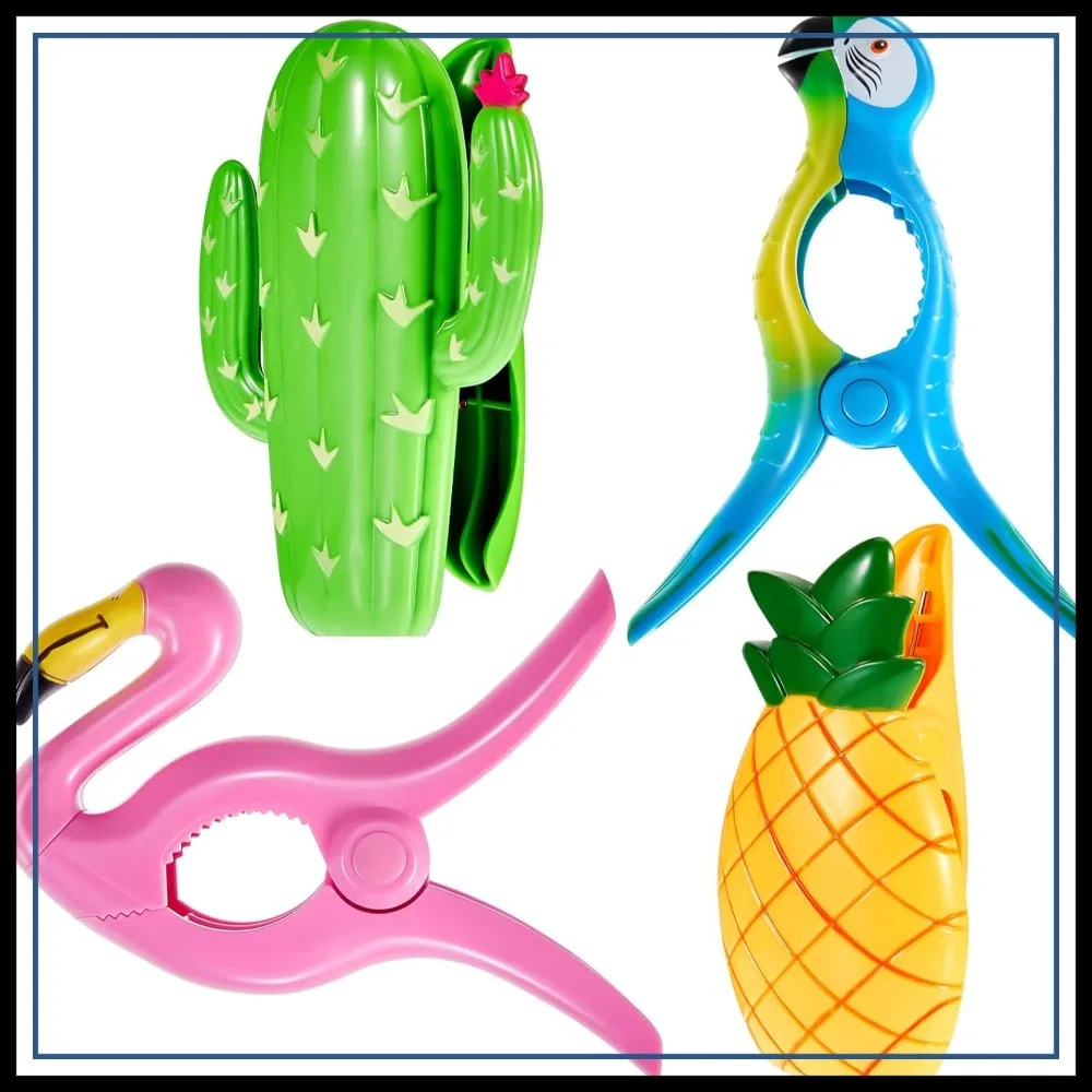 4 Jumbo Beach Towel Clips - Flamingo, Parrot, Cactus, Pineapple - Plastic Clamps for Chairs, Pool, Home
4 Jumbo Beach Towel Clips - Flamingo, Parrot, Cactus, Pineapple - Plastic Clamps for Chairs, Pool, Home