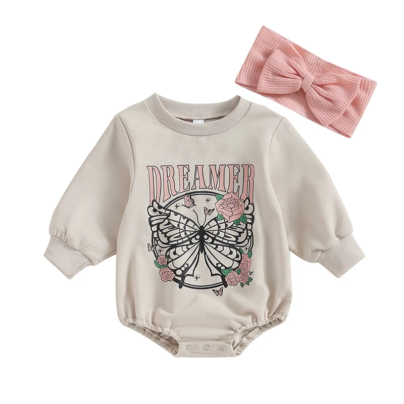 Newborm Baby Girls Casual Crewneck Romper Long Sleeve Letter Butterfly Print Playsuit with Headband Fall Clothing
Newborm Baby Girls Casual Crewneck Romper Long Sleeve Letter Butterfly Print Playsuit with Headband Fall Clothing