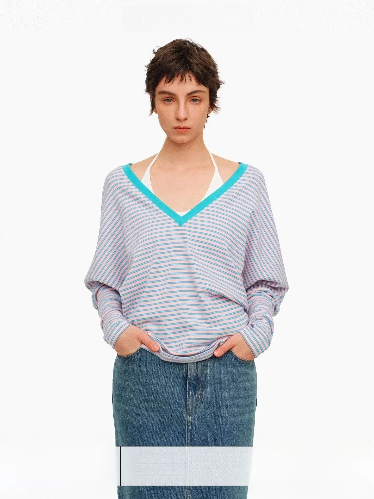 Loose Batwing Sleeve T-Shirt V-Neck Striped Color Block Slimming Effect Age of Ascent Cotton Casual Commute Style Women's Top
Loose Batwing Sleeve T-Shirt V-Neck Striped Color Block Slimming Effect Age of Ascent Cotton Casual Commute Style Women's Top