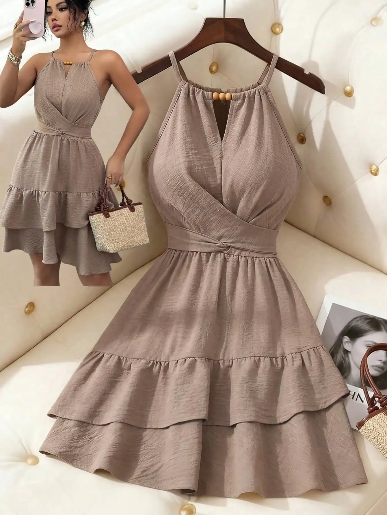 Elegant Beaded Halter Sleeveless Wrap Flare Mini Dress Khaki Spring Summer
Elegant Beaded Halter Sleeveless Wrap Flare Mini Dress Khaki Spring Summer