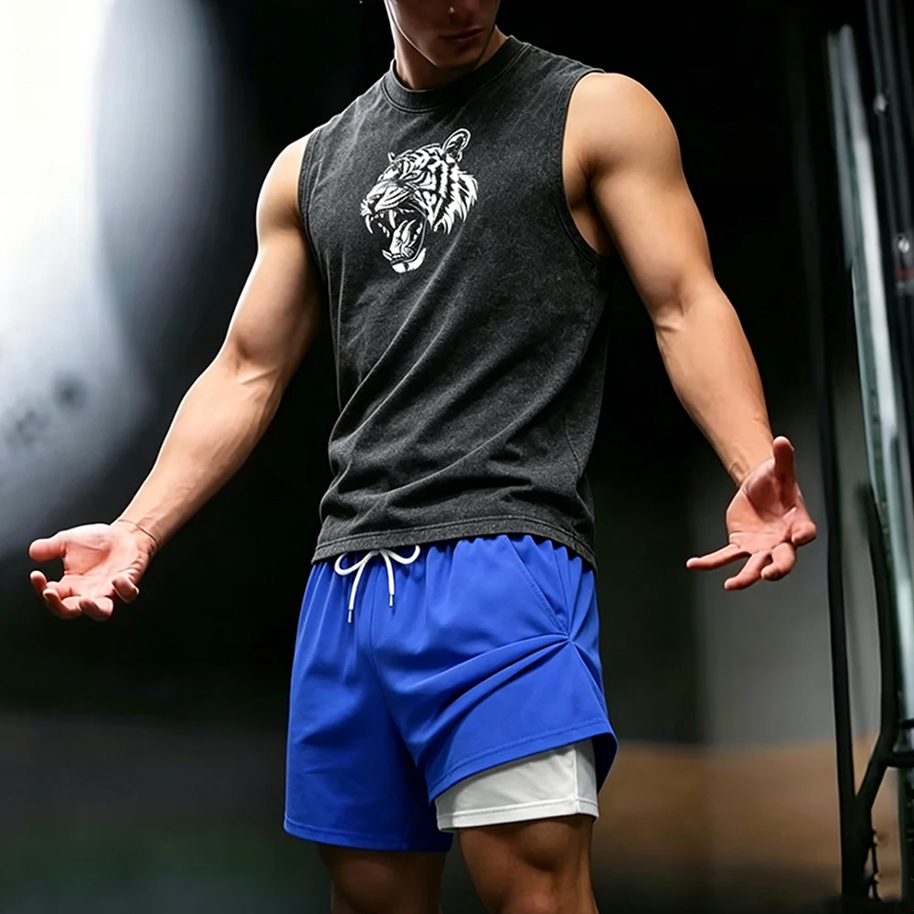 Men's Casual Roaring Tiger Print Vintage Washed Sleeveless Tank Top + Double Layer Swim Shorts Set with Compression Liner Pocket
Men's Casual Roaring Tiger Print Vintage Washed Sleeveless Tank Top + Double Layer Swim Shorts Set with Compression Liner Pocket