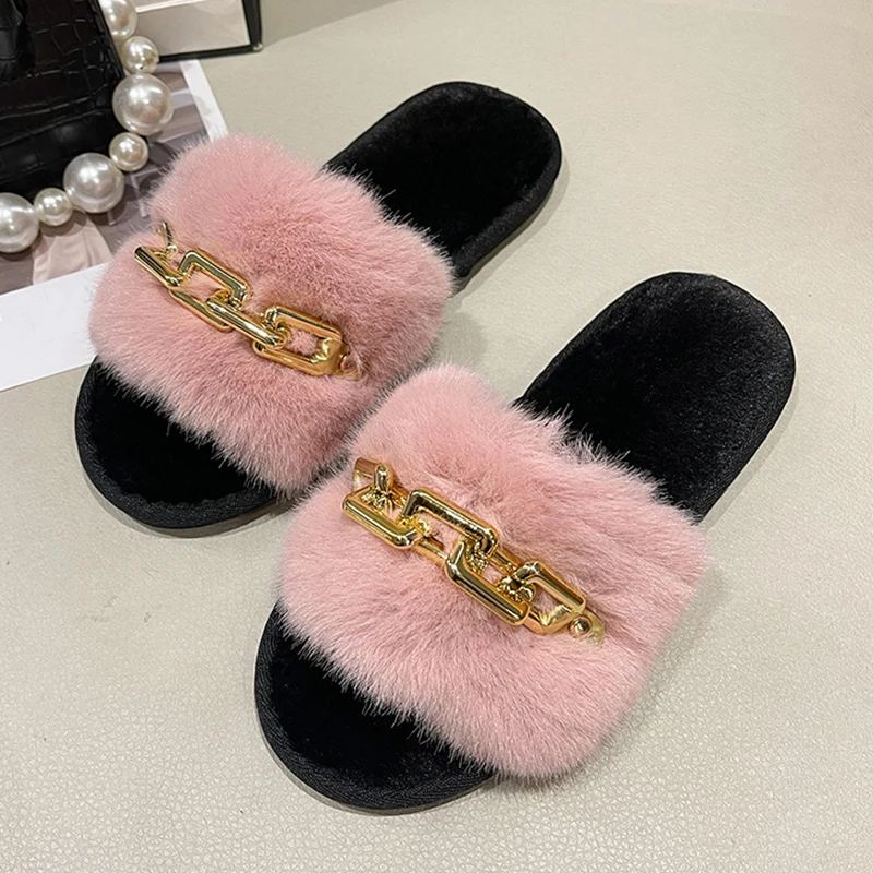 New Autumn Winter Fur Slippers for Women Fashionable Warm Metal Chain Flat Slippers Indoor Home Casual Platform Shoes Slides 
New Autumn Winter Fur Slippers for Women Fashionable Warm Metal Chain Flat Slippers Indoor Home Casual Platform Shoes Slides