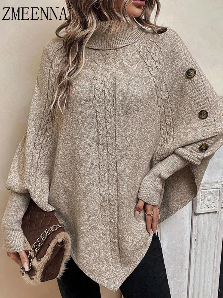 ZMEENNA Women's Casual Knitted Poncho Sweater With Turtleneck And Button Detail Loose Fit Batwing Sleeve Pullover ZM3841
ZMEENNA Women's Casual Knitted Poncho Sweater With Turtleneck And Button Detail Loose Fit Batwing Sleeve Pullover ZM3841