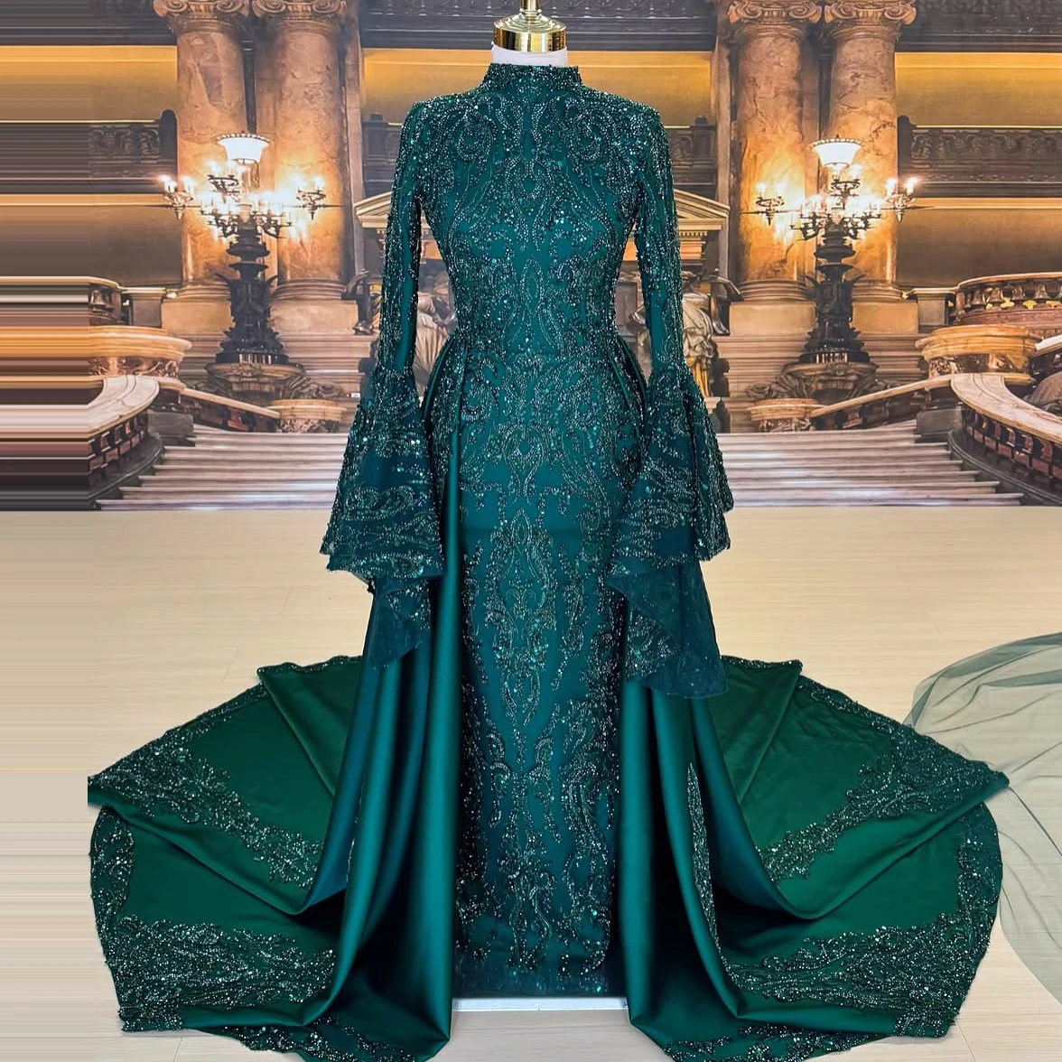 Luxury Green Mermaid Evening Dress Sequins Beaded Celebrity Dress With Detachable Train Long Sleeve Formal Prom Dress Customized
Luxury Green Mermaid Evening Dress Sequins Beaded Celebrity Dress With Detachable Train Long Sleeve Formal Prom Dress Customized