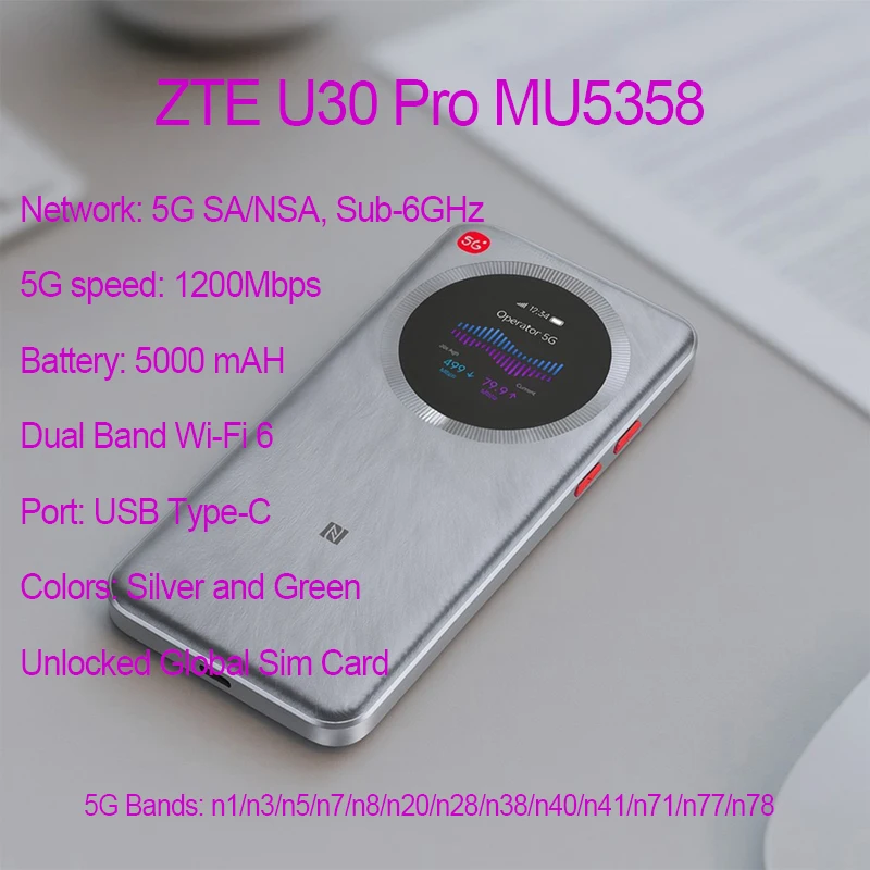 Unlocked ZTE 5G WiFi Hotspot U30 Pro MU5358 1.38-inch Touch Screen 5G NR Sub-6Ghz 4×4 MIMO 4G LTE Sim Card Mobile Wi-Fi 6 Router
Unlocked ZTE 5G WiFi Hotspot U30 Pro MU5358 1.38-inch Touch Screen 5G NR Sub-6Ghz 4×4 MIMO 4G LTE Sim Card Mobile Wi-Fi 6 Router