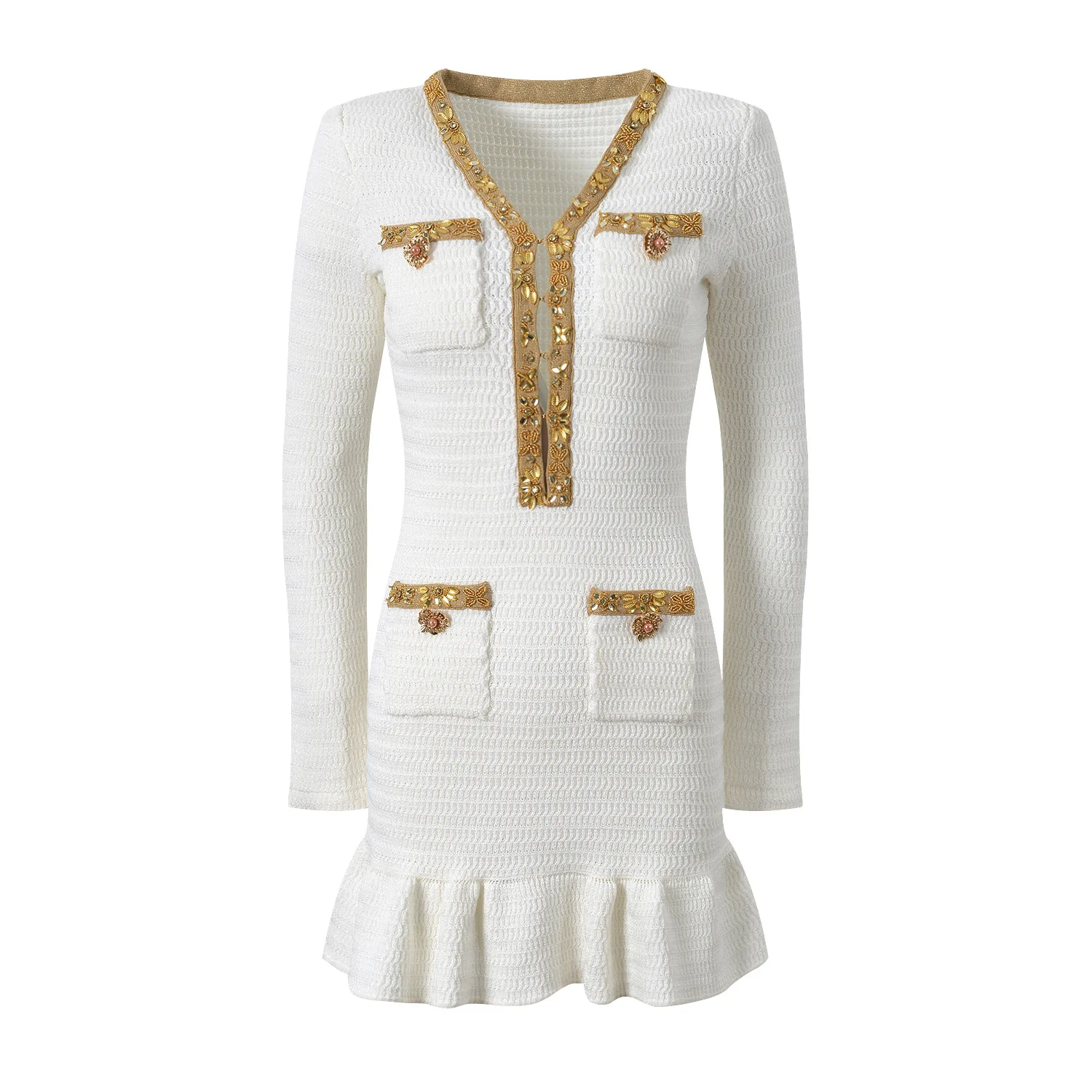 Ele Spring 2025 New Design Luxury Gold Rimmed Diamond Decorated V-ne Fi-tail Dr for Sophistied Ladies Knitted S...
Ele Spring 2025 New Design Luxury Gold Rimmed Diamond Decorated V-ne Fi-tail Dr for Sophistied Ladies Knitted S...