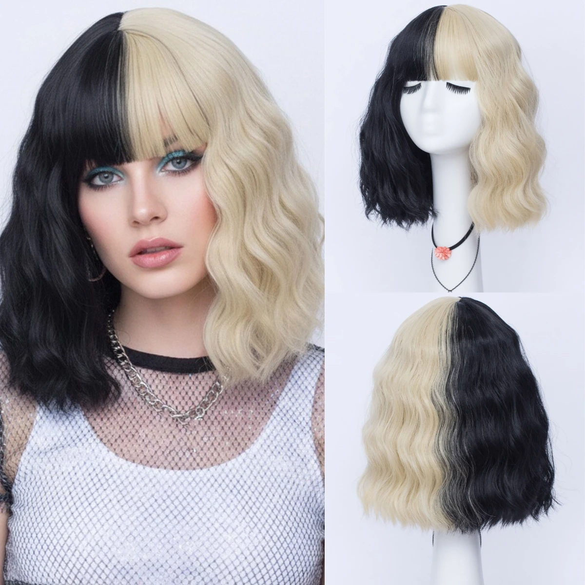 Half Black Half Blonde Short Curly Wig With Bangs Heat Resistant Synthetic Hair Cosplay Wig For Women Daily Party
Half Black Half Blonde Short Curly Wig With Bangs Heat Resistant Synthetic Hair Cosplay Wig For Women Daily Party