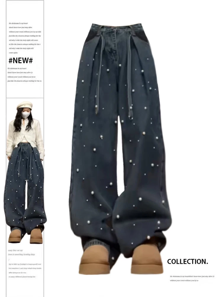 Women's Blue Baggy Pearls Jeans Harajuku 90s Aesthetic Y2k Denim Trousers High Waist Cowboy Pants Vintage 2000s Trashy Clothes
Women's Blue Baggy Pearls Jeans Harajuku 90s Aesthetic Y2k Denim Trousers High Waist Cowboy Pants Vintage 2000s Trashy Clothes