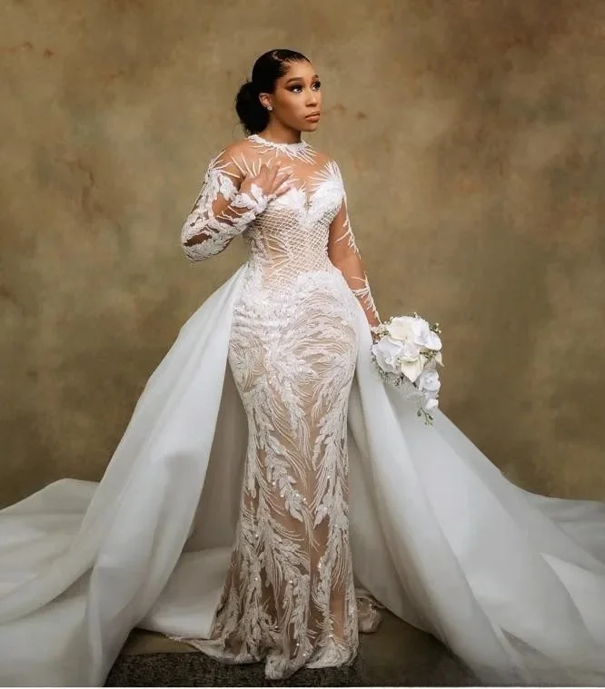 Customized Plus Size Wedding Dresses Bridal Gowns For Bride Detachable Train Sheer Neck Long Sleeves Beaded Lace Tiered
Customized Plus Size Wedding Dresses Bridal Gowns For Bride Detachable Train Sheer Neck Long Sleeves Beaded Lace Tiered