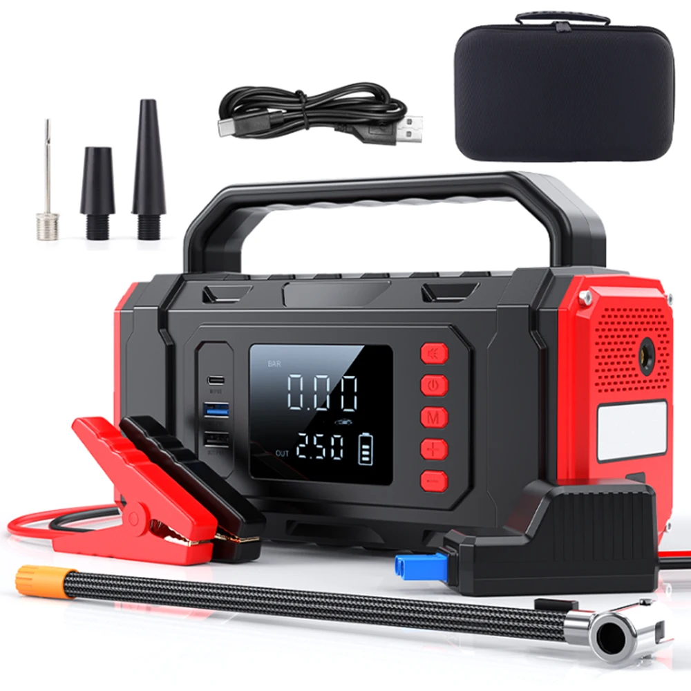 16000mAh 2000A Portable Car Jump Starter LED Light Emergency Tool Kit Power Bank Tire Inflator USB-C Charging 150W Output
16000mAh 2000A Portable Car Jump Starter LED Light Emergency Tool Kit Power Bank Tire Inflator USB-C Charging 150W Output