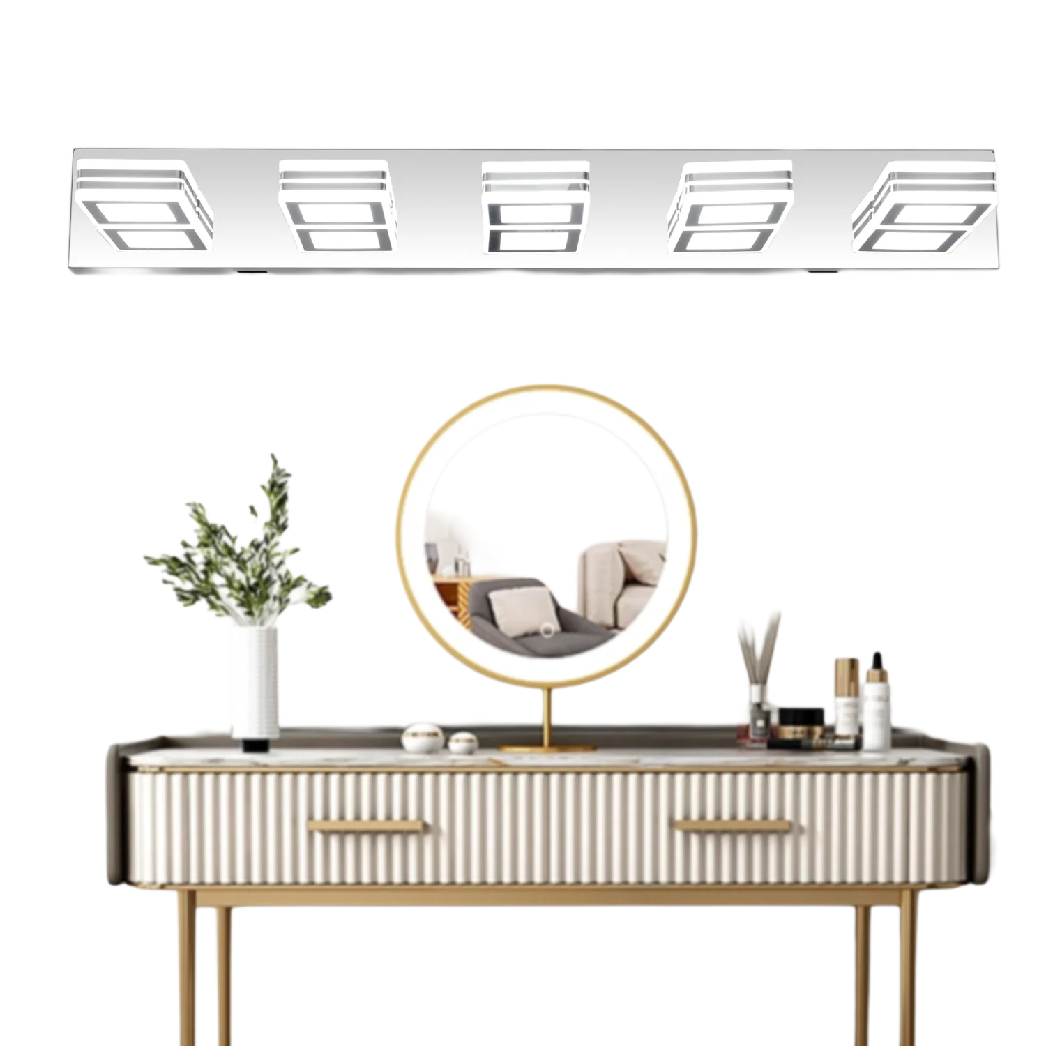 LED Modern Chrome Makeup Light, 5-Light Acrylic Vanity Fixture for Makeup Mirrors, Sleek Design for Bathroom
LED Modern Chrome Makeup Light, 5-Light Acrylic Vanity Fixture for Makeup Mirrors, Sleek Design for Bathroom