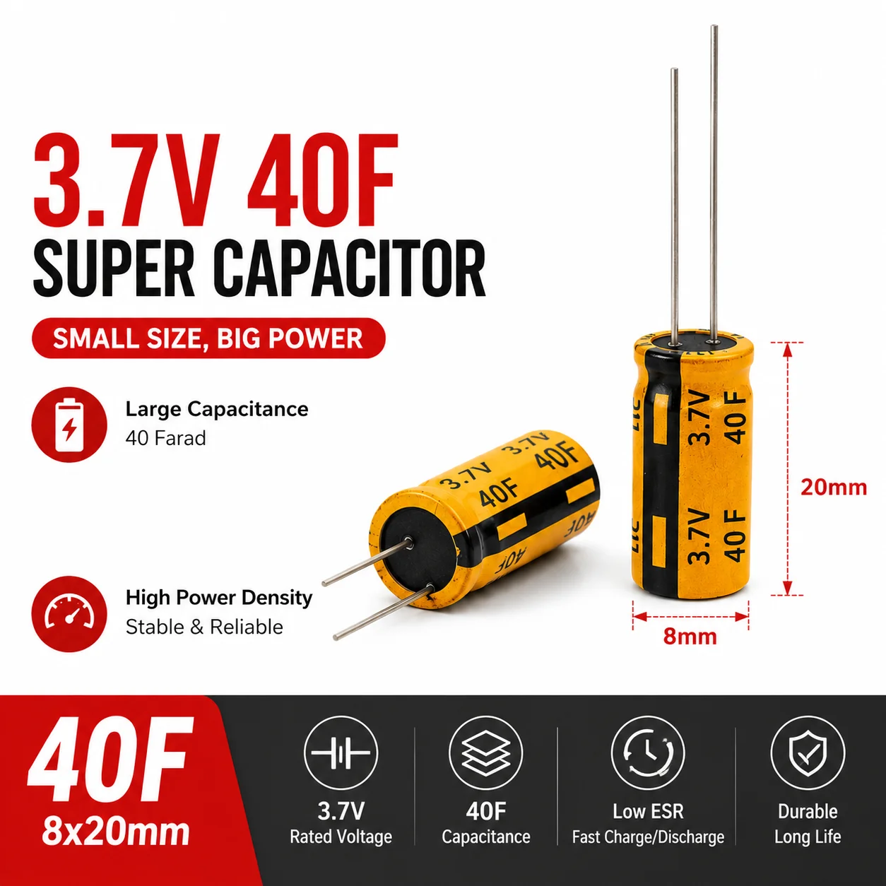 1pcs 3.7V 40F Super Capacitor High Power Backup Energy Storage Long Life Ultracapacitor for Dash Cam Smart Meter IoT Devices
1pcs 3.7V 40F Super Capacitor High Power Backup Energy Storage Long Life Ultracapacitor for Dash Cam Smart Meter IoT Devices