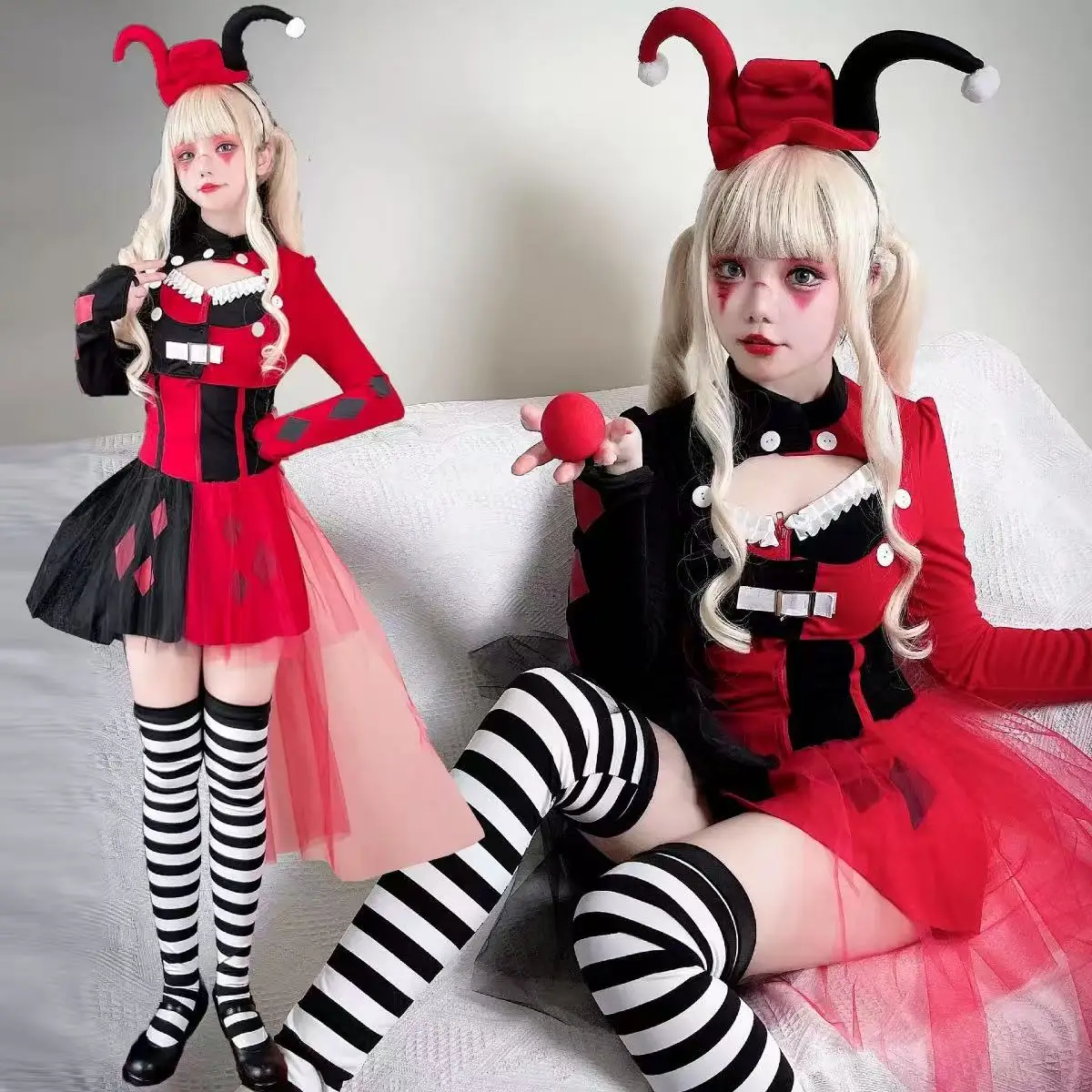 Dress, headpiece, and jacket three-piece set punk clown cosplay costume
Dress, headpiece, and jacket three-piece set punk clown cosplay costume