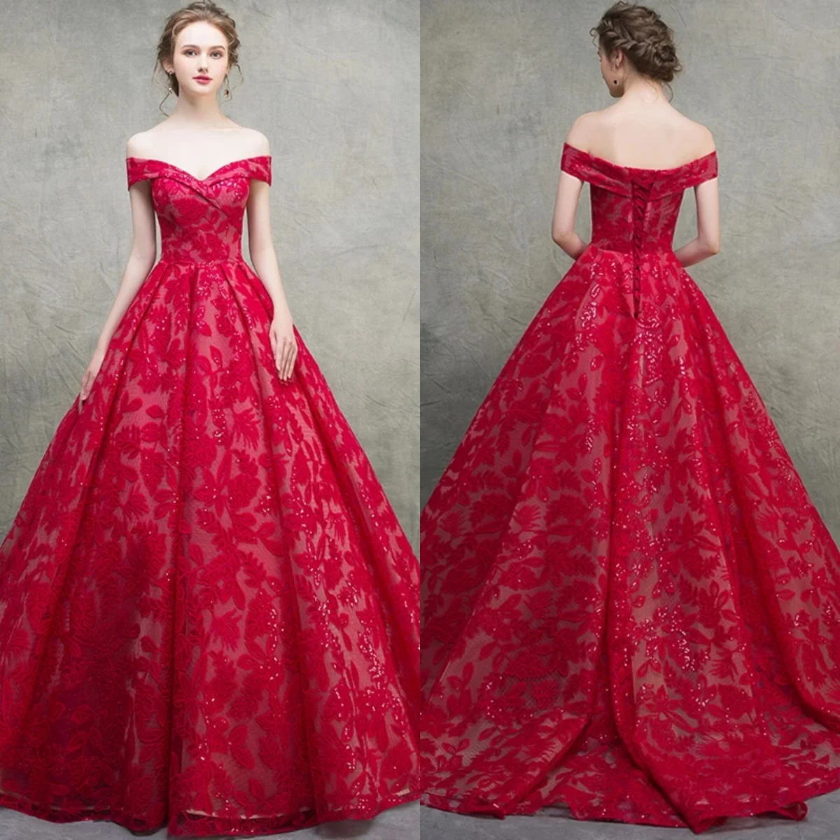 Evening Dresses Red Floral Off the Shoulder Lace up Princess Floor Length Robe De Soiree Plus Size Women Party Formal Gowns E665
Evening Dresses Red Floral Off the Shoulder Lace up Princess Floor Length Robe De Soiree Plus Size Women Party Formal Gowns E665