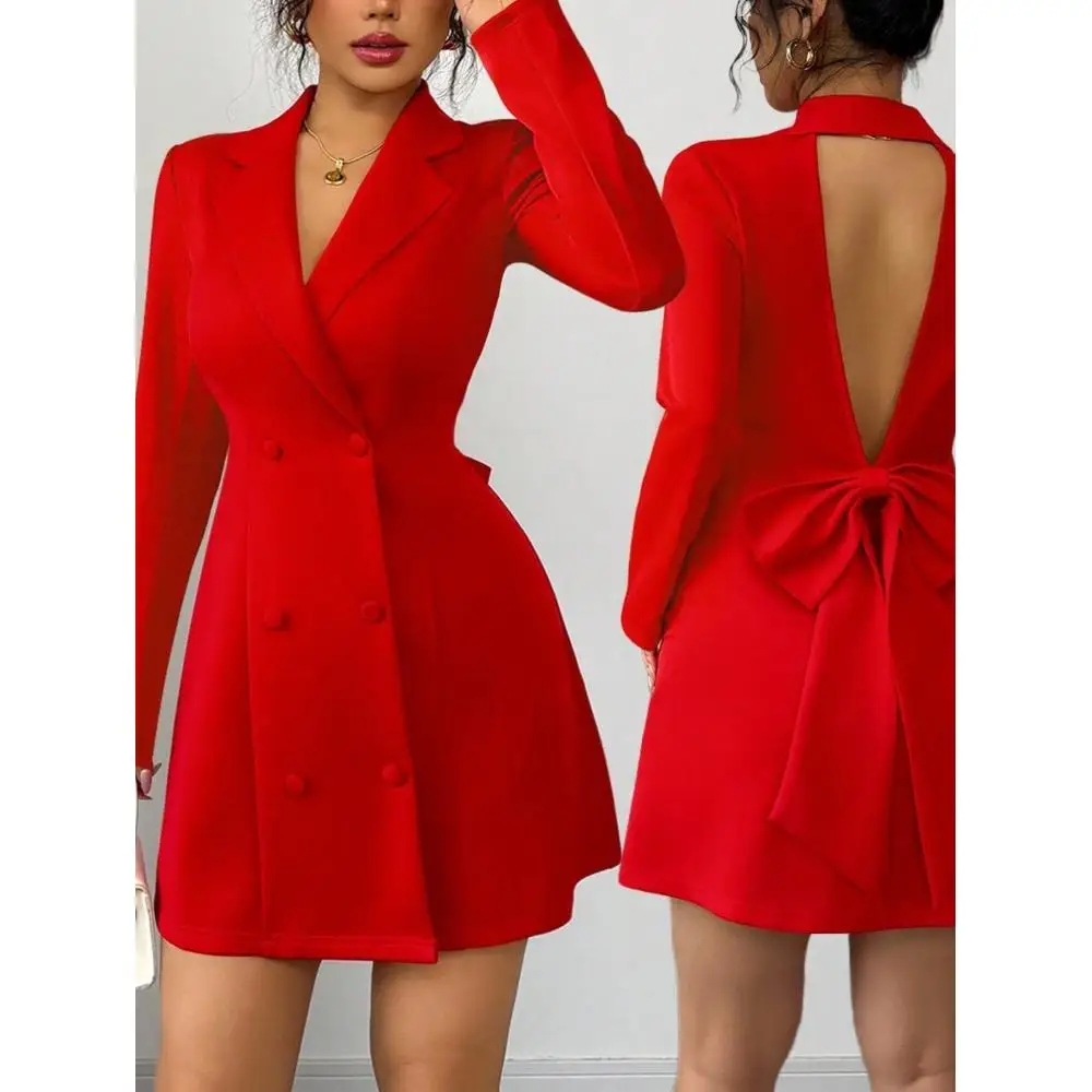 Blazer Collar Long Sleeve Mini Dress Double Breasted Bow Backless Detail Formal Office Party Dresses For Women
Blazer Collar Long Sleeve Mini Dress Double Breasted Bow Backless Detail Formal Office Party Dresses For Women