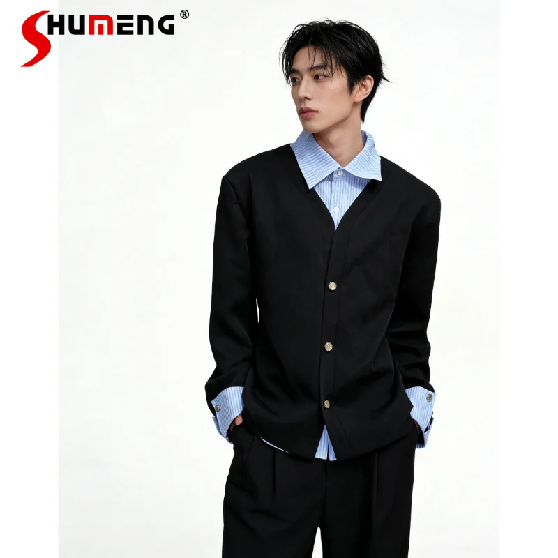 Men's 2026 Spring New High-end Handsome Tops Trendy Faux Two V-neck Striped Splicing Jackets Single-breasted Multi-button Coats
Men's 2026 Spring New High-end Handsome Tops Trendy Faux Two V-neck Striped Splicing Jackets Single-breasted Multi-button Coats