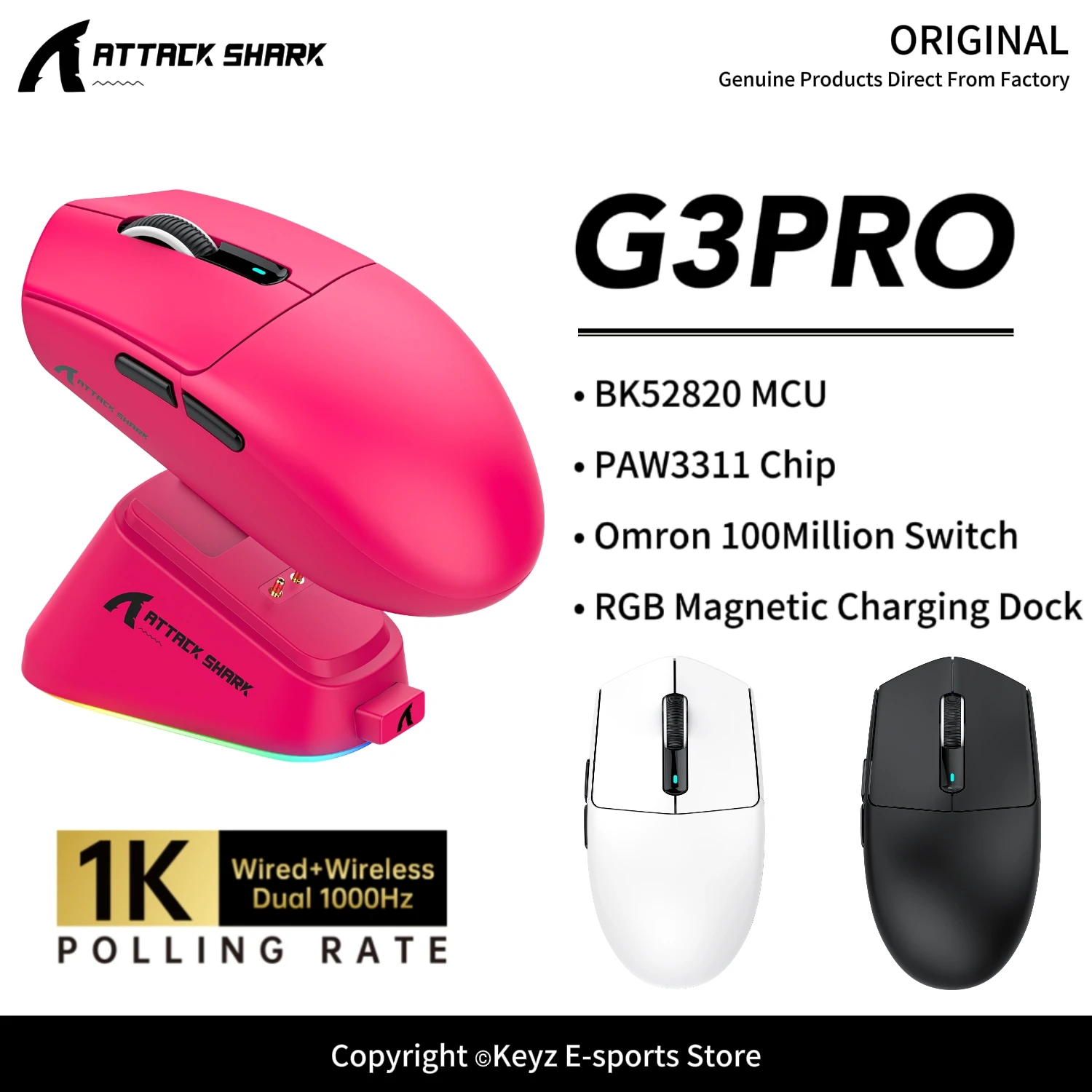 ATTACK SHARK G3Pro Lightweight Mouse Wireless 1000Hz RGB Magnetic Charging Dock PAW3311 Sensor and Omron 100M Switch for Gaming
ATTACK SHARK G3Pro Lightweight Mouse Wireless 1000Hz RGB Magnetic Charging Dock PAW3311 Sensor and Omron 100M Switch for Gaming