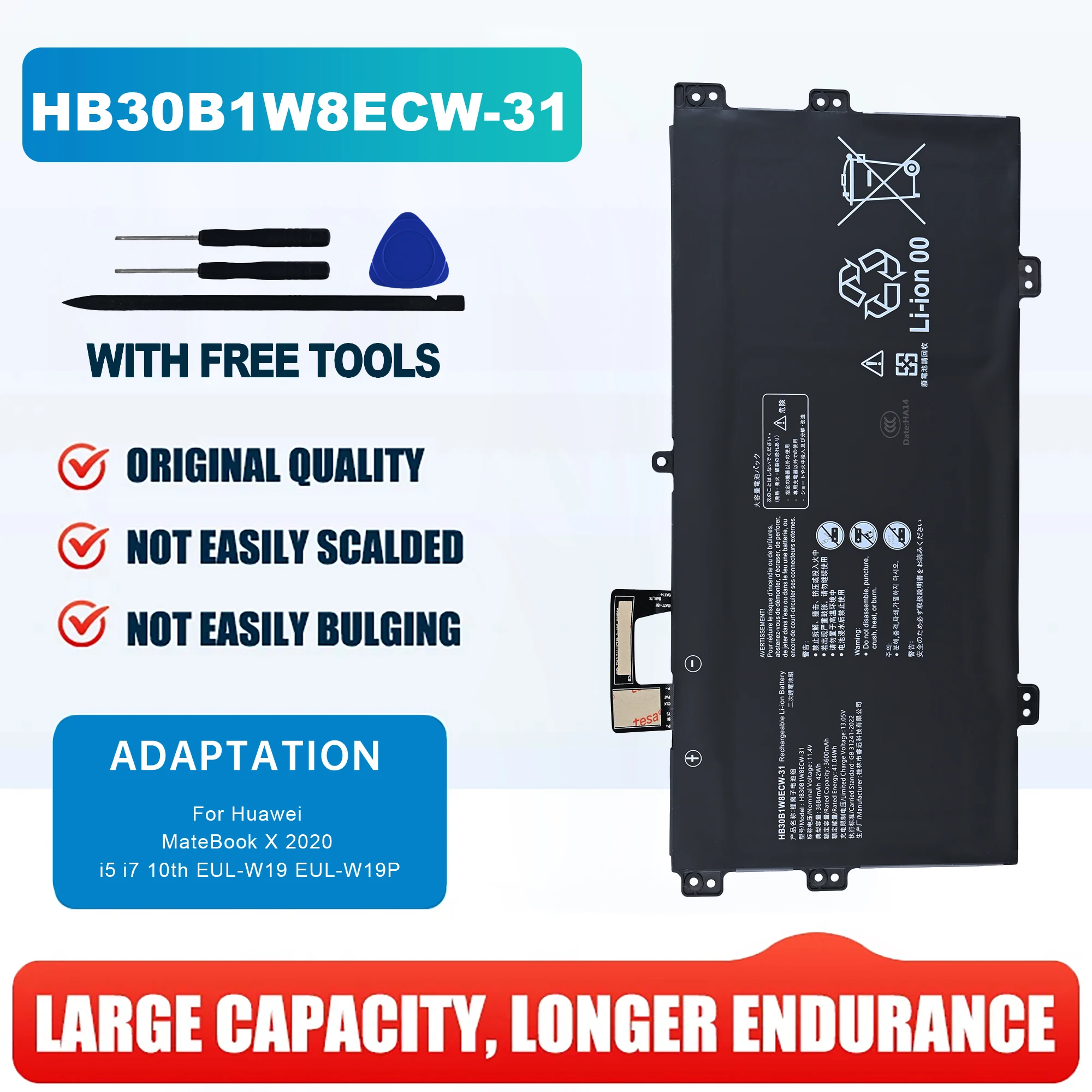 New HB30B1W8ECW-31 Laptop Battery For Huawei MateBook X 2021 EUL-W19 EUL-W19P EUL-W29 EUL-W29P EULD-WFE9 EULD-WFH9
New HB30B1W8ECW-31 Laptop Battery For Huawei MateBook X 2021 EUL-W19 EUL-W19P EUL-W29 EUL-W29P EULD-WFE9 EULD-WFH9
