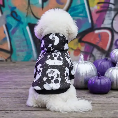 Halloween Skull Dog Hoodie Black White Vintage Skeleton Pet Hooded Sweatshirt Soft Puppy Hooded Pullover Spooky Rock Pet Clothes