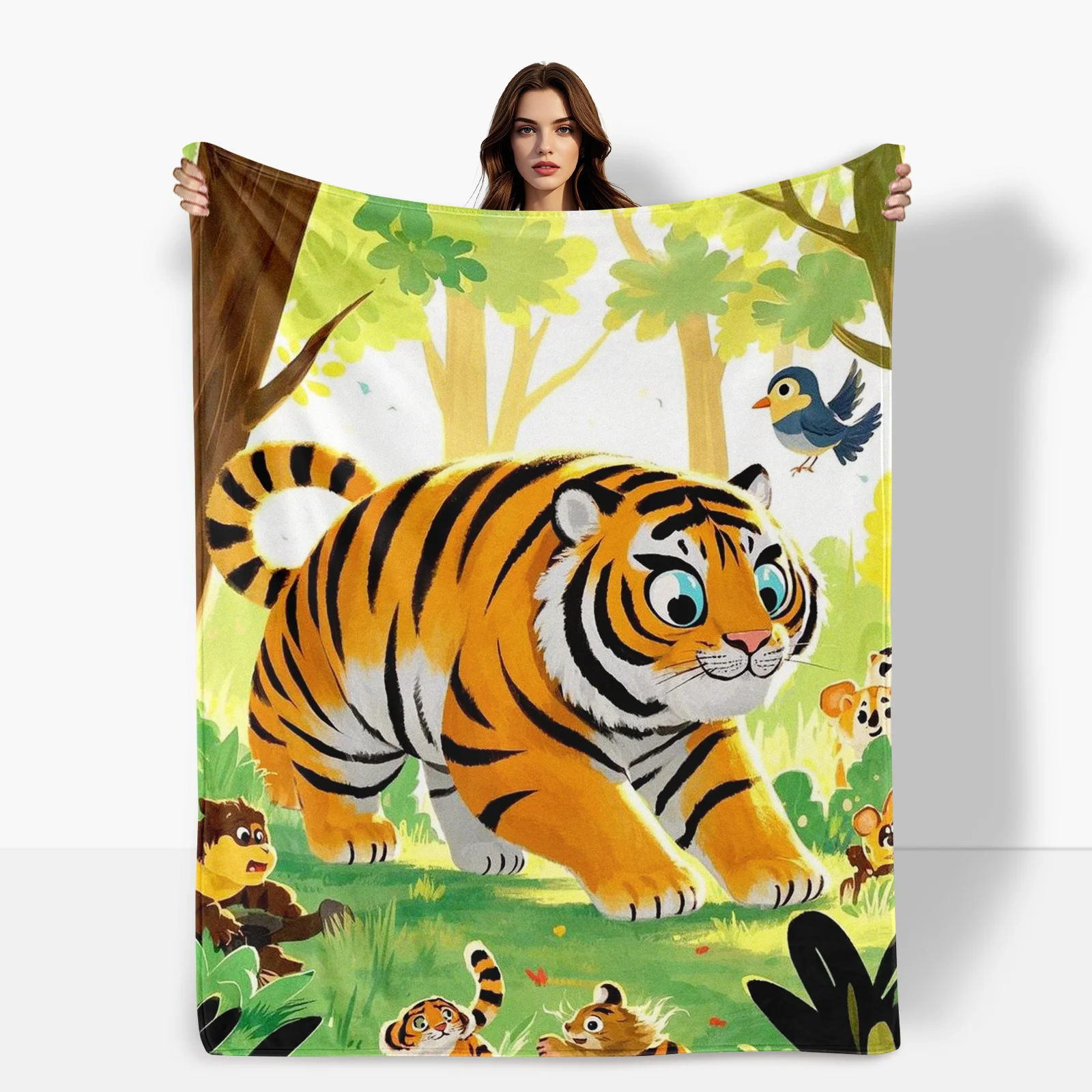 Adorable Cartoon Tiger In Forest With Birds Art Throw Blanket For Playful Home Decor And Charming Gift Idea With Nature Theme
Adorable Cartoon Tiger In Forest With Birds Art Throw Blanket For Playful Home Decor And Charming Gift Idea With Nature Theme