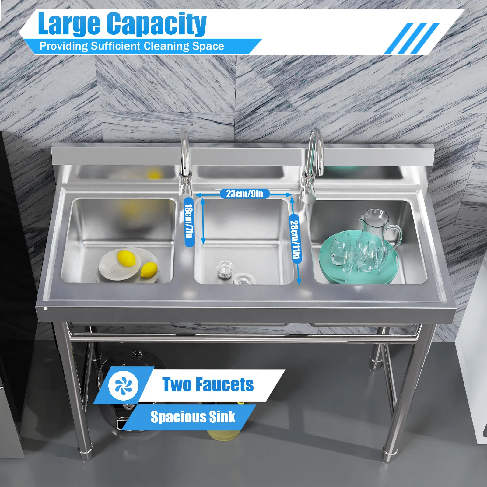 3 Slot Kitchen Sink Stainless Steel Triple Bowl with 2 Faucets 304 Commercial Sink 441lbs Capacity for Restaurant Home Garage
3 Slot Kitchen Sink Stainless Steel Triple Bowl with 2 Faucets 304 Commercial Sink 441lbs Capacity for Restaurant Home Garage