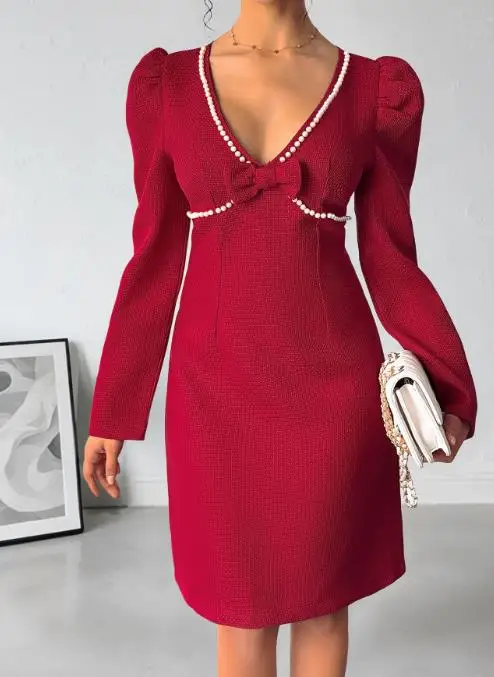 Women's Casual High-Waisted V-Neck Bow Long Sleeve Dress Sweet Fragrant Commuting French Style 2025 New
Women's Casual High-Waisted V-Neck Bow Long Sleeve Dress Sweet Fragrant Commuting French Style 2025 New