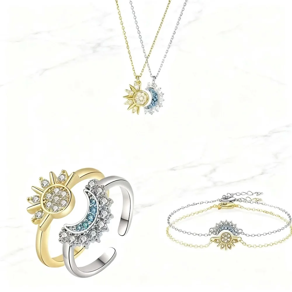 Sun Moon Shape Couple Jewelry Set, CZ Paved Matching Necklace Ring Bracelet for Lover
Sun Moon Shape Couple Jewelry Set, CZ Paved Matching Necklace Ring Bracelet for Lover