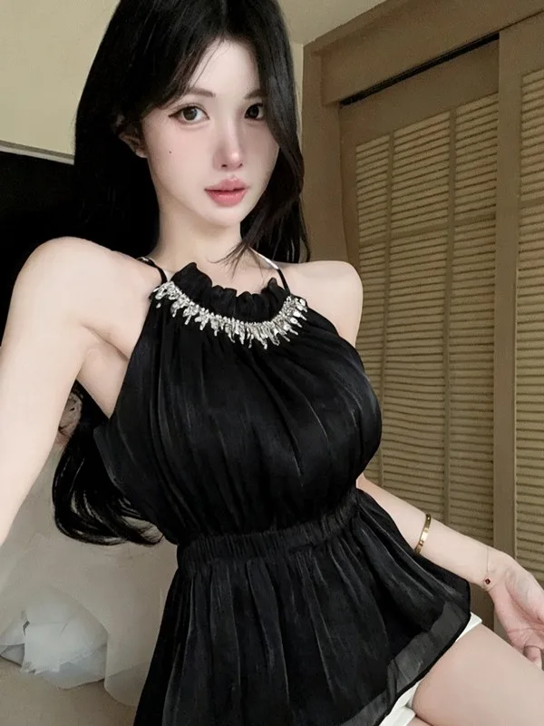 Sweet Youthful Beautiful Ruffle Splice Diamond Embellished Halter Neck Sexy Shoulder Bared Vest French Style Slim Fit Tank Top
Sweet Youthful Beautiful Ruffle Splice Diamond Embellished Halter Neck Sexy Shoulder Bared Vest French Style Slim Fit Tank Top