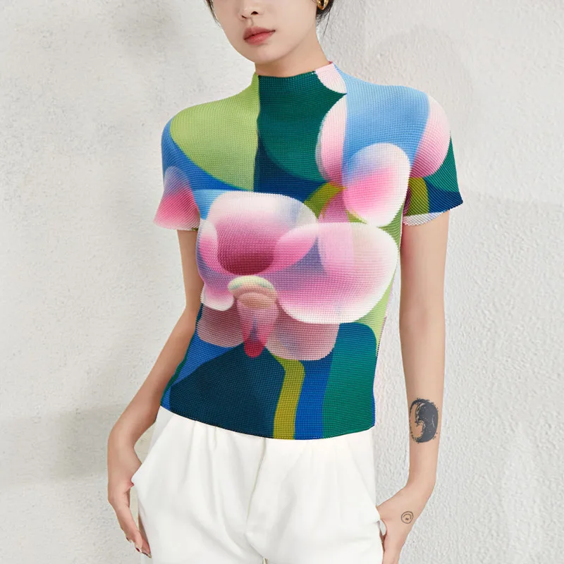 Women Tops Short Sleeve Tee Summer New Turtleneck Fashion Slimming Stretch Miyake Pleated T-Shirts Female
Women Tops Short Sleeve Tee Summer New Turtleneck Fashion Slimming Stretch Miyake Pleated T-Shirts Female