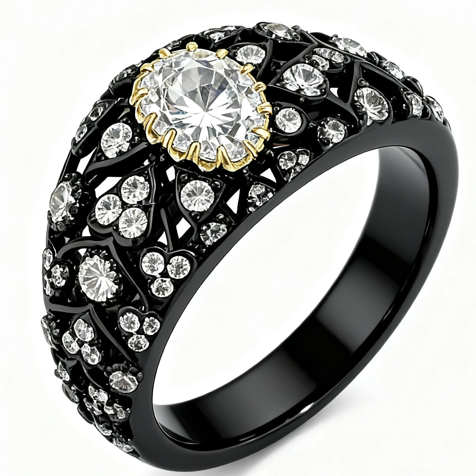 Thick Black Rhodium Plated 925 Sterling Silver with Exquisite Oversized imitation Diamond Ring with Hollow Laurel Leaf Design
Thick Black Rhodium Plated 925 Sterling Silver with Exquisite Oversized imitation Diamond Ring with Hollow Laurel Leaf Design