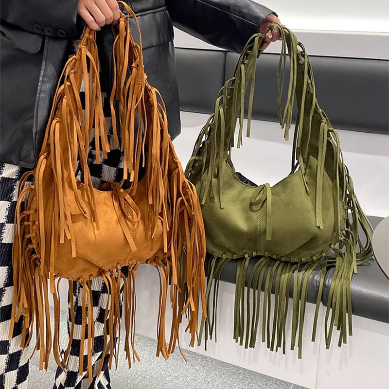 Trendy Retro Tassel Women Armpit Bag Suede Design Dumpling Bag Shoulder Bag Western Cowboy Females Holiday Crescent Bag 2025 
Trendy Retro Tassel Women Armpit Bag Suede Design Dumpling Bag Shoulder Bag Western Cowboy Females Holiday Crescent Bag 2025