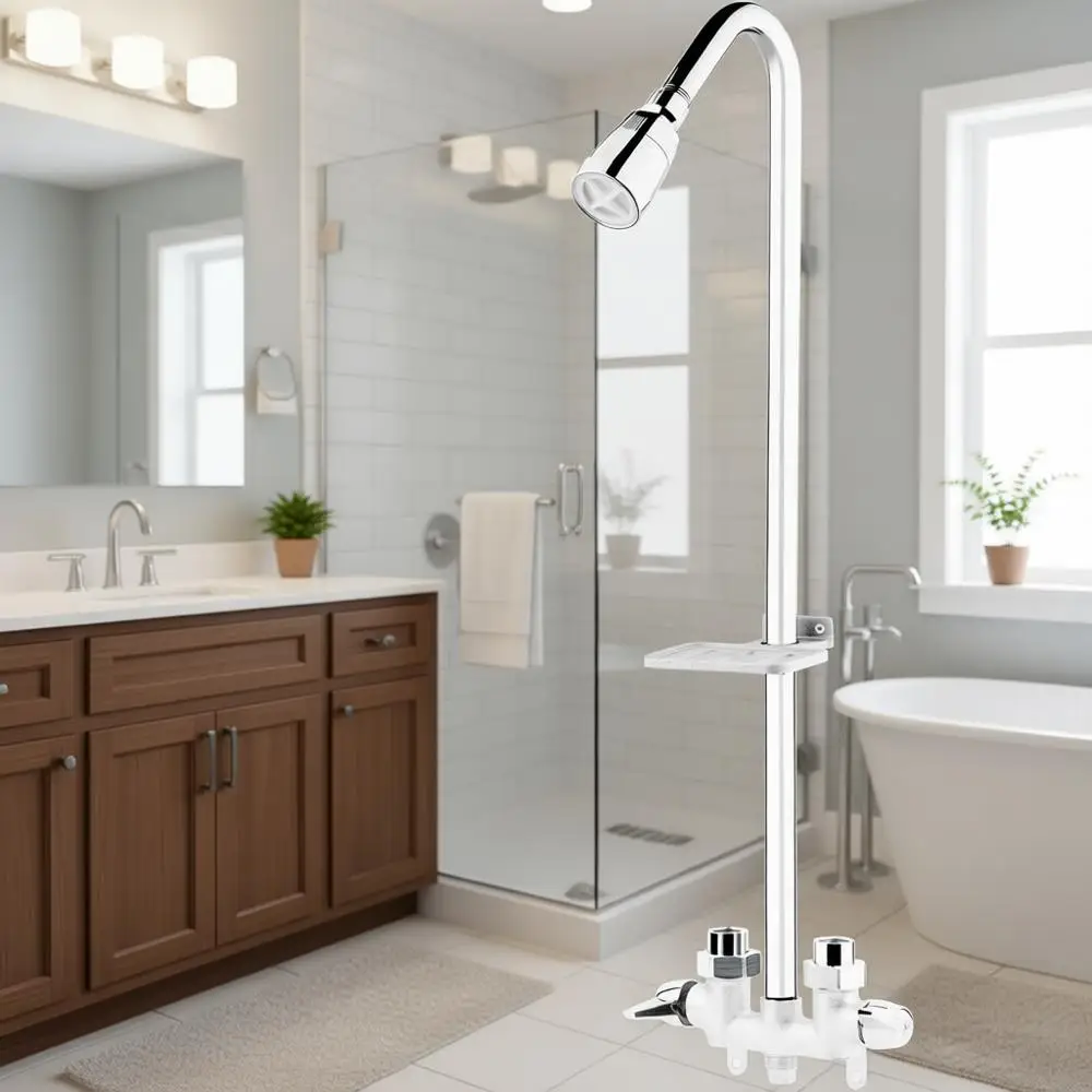 Уличная душевая система с удлинителем и подставкой, двухручковый смеситель для душа с душевой лейкой и мыльницей, полированный хром
Уличная душевая система с удлинителем и подставкой, двухручковый смеситель для душа с душевой лейкой и мыльницей, полированный хром