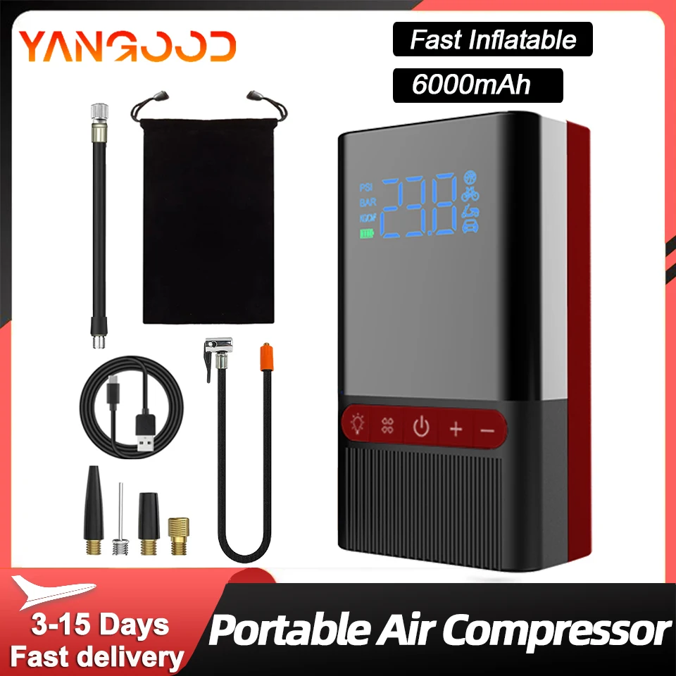 Yangood 6000mAh Portable Air Compressor Auto Shutoff LED Light Fast Inflation Tire Inflator Pump for Car Motorbike Bike Balloons
Yangood 6000mAh Portable Air Compressor Auto Shutoff LED Light Fast Inflation Tire Inflator Pump for Car Motorbike Bike Balloons