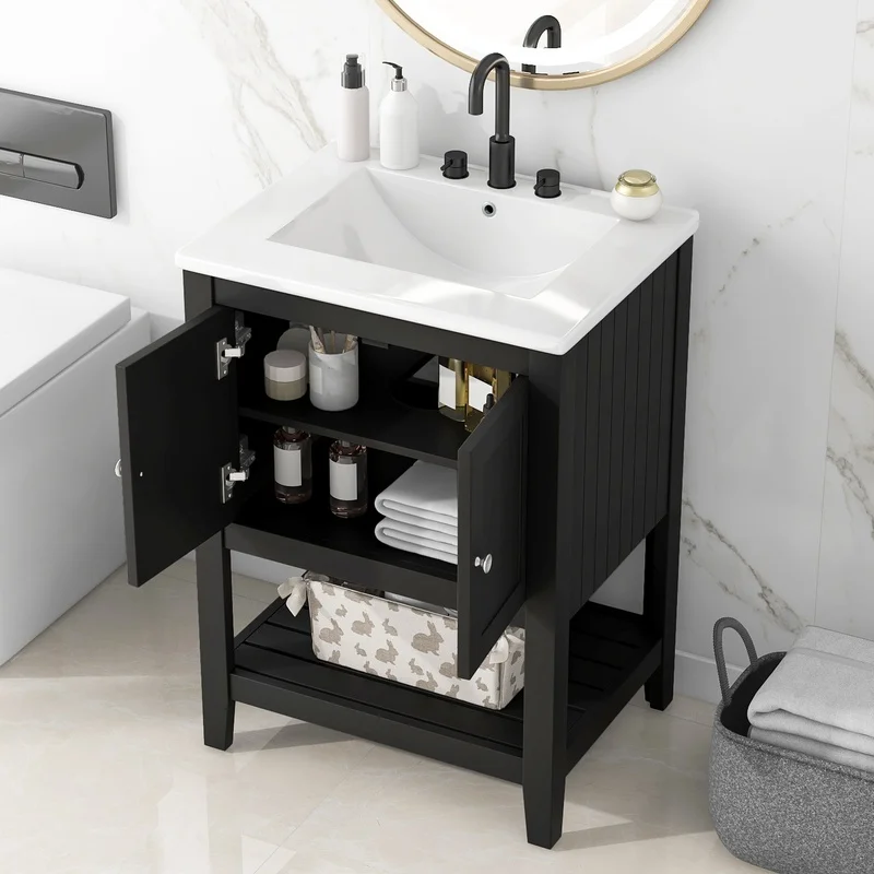 24" Black Modern Bathroom Vanity with Ceramic Sink and Wooden Frame Open Shelf
24" Black Modern Bathroom Vanity with Ceramic Sink and Wooden Frame Open Shelf