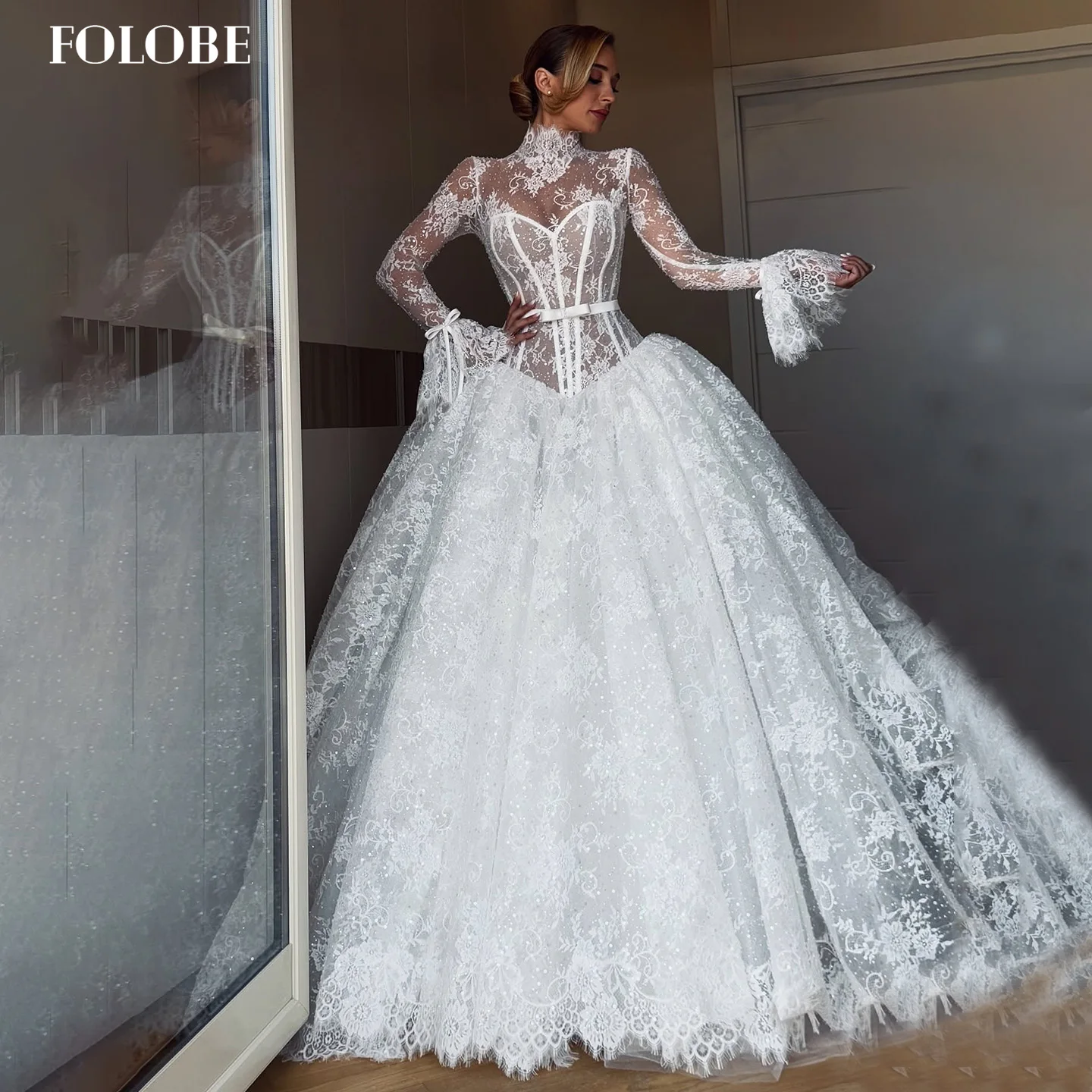 FOLOBE High Neck White Lace Ball Gown Wedding Dresses Long Sleeve Lace Up A-Line Wedding Gowns Vestido De Customized
FOLOBE High Neck White Lace Ball Gown Wedding Dresses Long Sleeve Lace Up A-Line Wedding Gowns Vestido De Customized