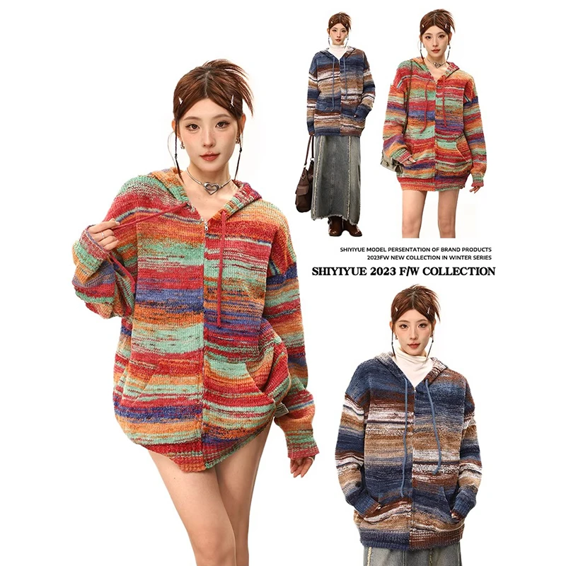 Autumn Korean Stripe Patchwork Knitted Sweater Women 2023 Vintage Loose Hooded Cardigan Zippered Elegant Long Sleeve Tops Casual
Autumn Korean Stripe Patchwork Knitted Sweater Women 2023 Vintage Loose Hooded Cardigan Zippered Elegant Long Sleeve Tops Casual