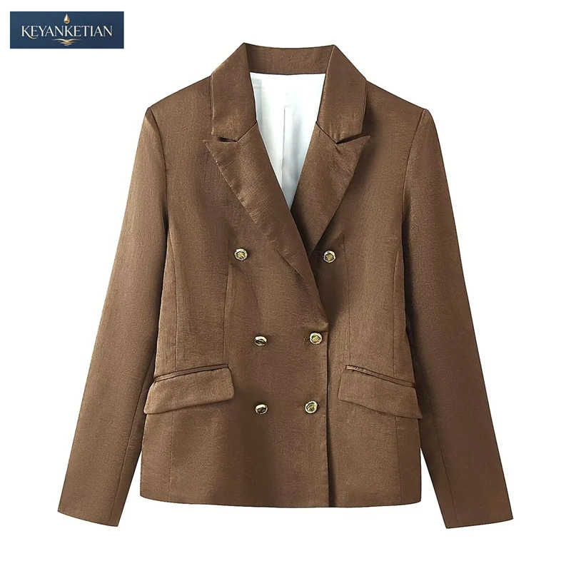 KEYANKETIAN 2026 Elegant Satin Double Breasted Blazer Women Lapel Neck Gold Button Slim Fit Brown Formal Office Jacket Top
KEYANKETIAN 2026 Elegant Satin Double Breasted Blazer Women Lapel Neck Gold Button Slim Fit Brown Formal Office Jacket Top