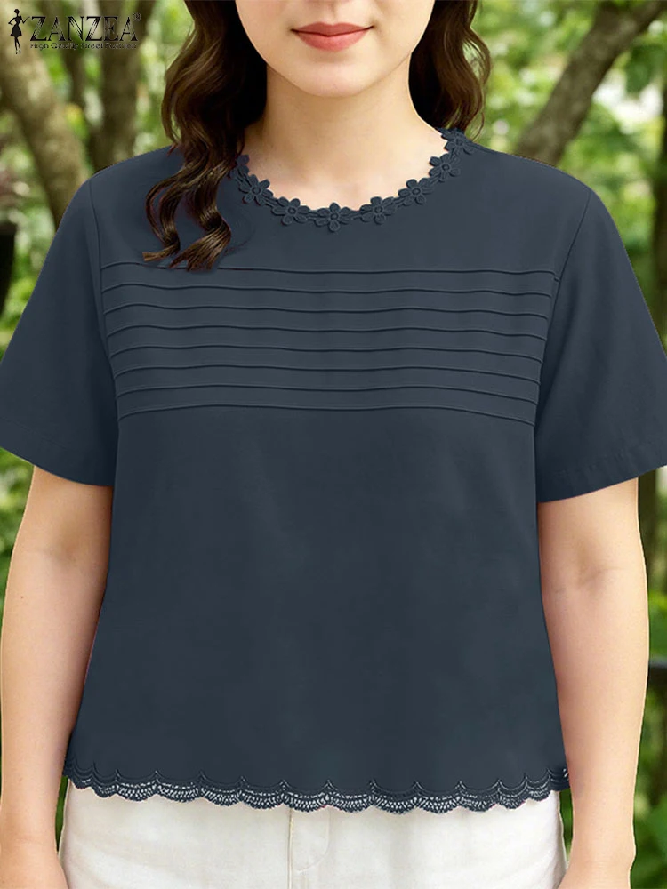 ZANZEA Summer Woman Blusas Mujer Pintuck O-Neck Short Sleeve Solid Color Blouses Casual Elegant Lace Patchwork Day Wear Tops
ZANZEA Summer Woman Blusas Mujer Pintuck O-Neck Short Sleeve Solid Color Blouses Casual Elegant Lace Patchwork Day Wear Tops