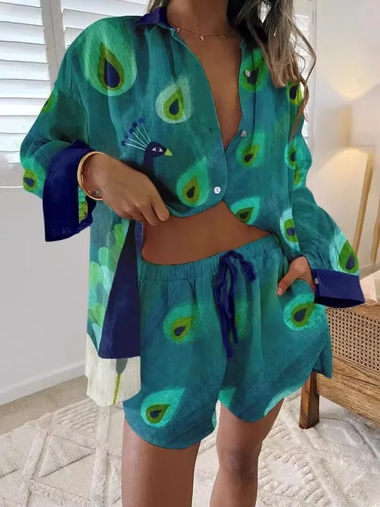 Комплекты из 2 предметов: женская рубашка с длинным рукавом на пуговицах и шорты с широкими штанинами, модный костюм с рубашкой и шортами с принтом, летние женские наряды,
Комплекты из 2 предметов: женская рубашка с длинным рукавом на пуговицах и шорты с широкими штанинами, модный костюм с рубашкой и шортами с принтом, летние женские наряды,