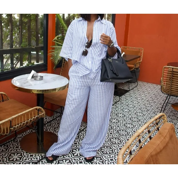 Striped Print Two Piece Sets Women Summer 2025 Lapel Short Sleeve Button Shirt Top and Wide Leg Pants Matching Vacation Suits
Striped Print Two Piece Sets Women Summer 2025 Lapel Short Sleeve Button Shirt Top and Wide Leg Pants Matching Vacation Suits