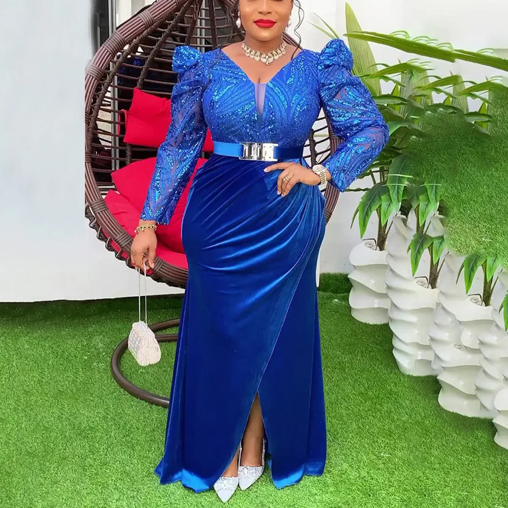 Luxury African Dresses for Women V Neck Full Sleeve Sequined Belt Waisted Floor Length Party Wedding Long Dress Cloth Customized
Luxury African Dresses for Women V Neck Full Sleeve Sequined Belt Waisted Floor Length Party Wedding Long Dress Cloth Customized