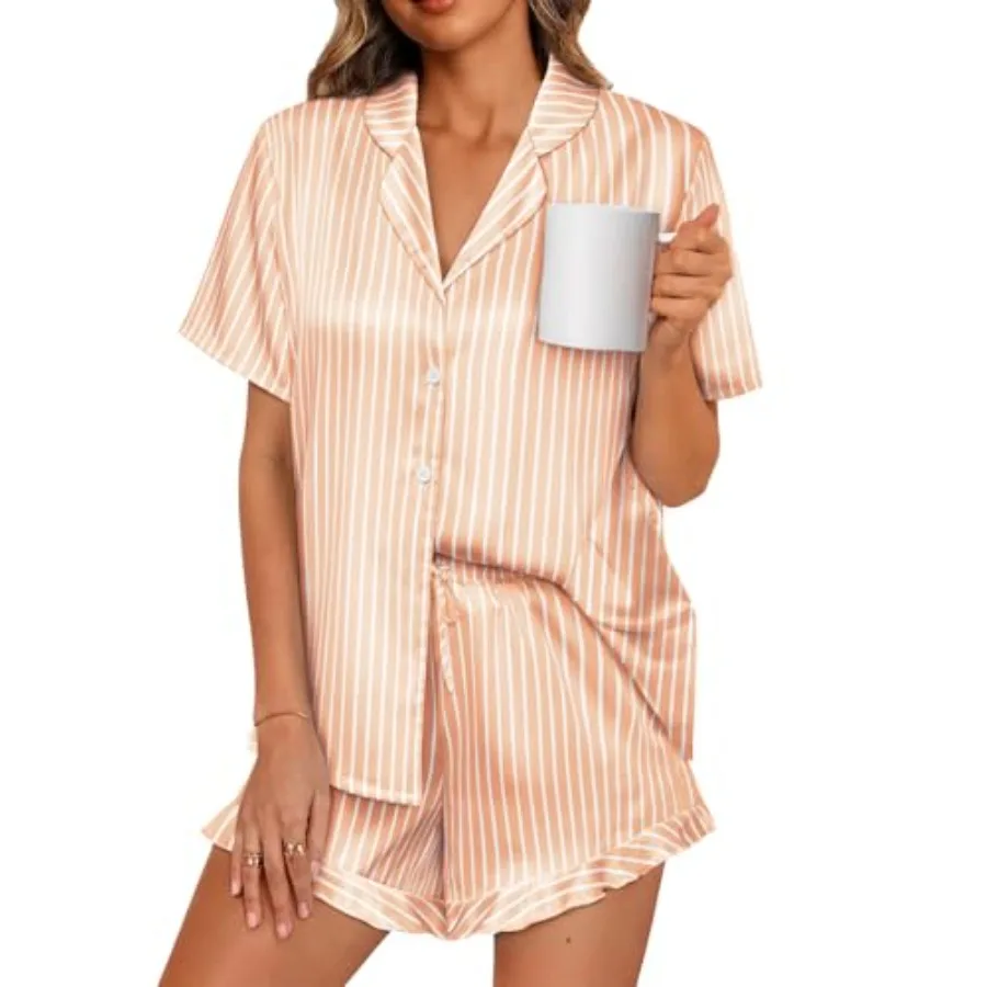 LILLUSORY Womens Satin Silk Pajamas Set 2 Pcs Ruffle Pjs Winter Matching Lounge Sleepwear Button Down Striped Shirt Shorts
LILLUSORY Womens Satin Silk Pajamas Set 2 Pcs Ruffle Pjs Winter Matching Lounge Sleepwear Button Down Striped Shirt Shorts