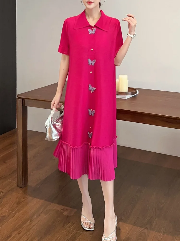 Miyake Dress Women Summer High-end Splicing Design Holiday Style Belly Cover and Thin Elastic Lapel Short-sleeved Pleated Skirt
Miyake Dress Women Summer High-end Splicing Design Holiday Style Belly Cover and Thin Elastic Lapel Short-sleeved Pleated Skirt