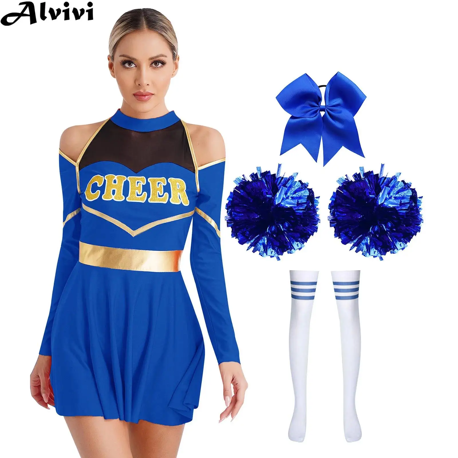 Women Cheerleading Dance Performance Costume Basketball Match Cheer Uniform Dress with Stockings Hair Band Flower Ball Dancewear
Women Cheerleading Dance Performance Costume Basketball Match Cheer Uniform Dress with Stockings Hair Band Flower Ball Dancewear
