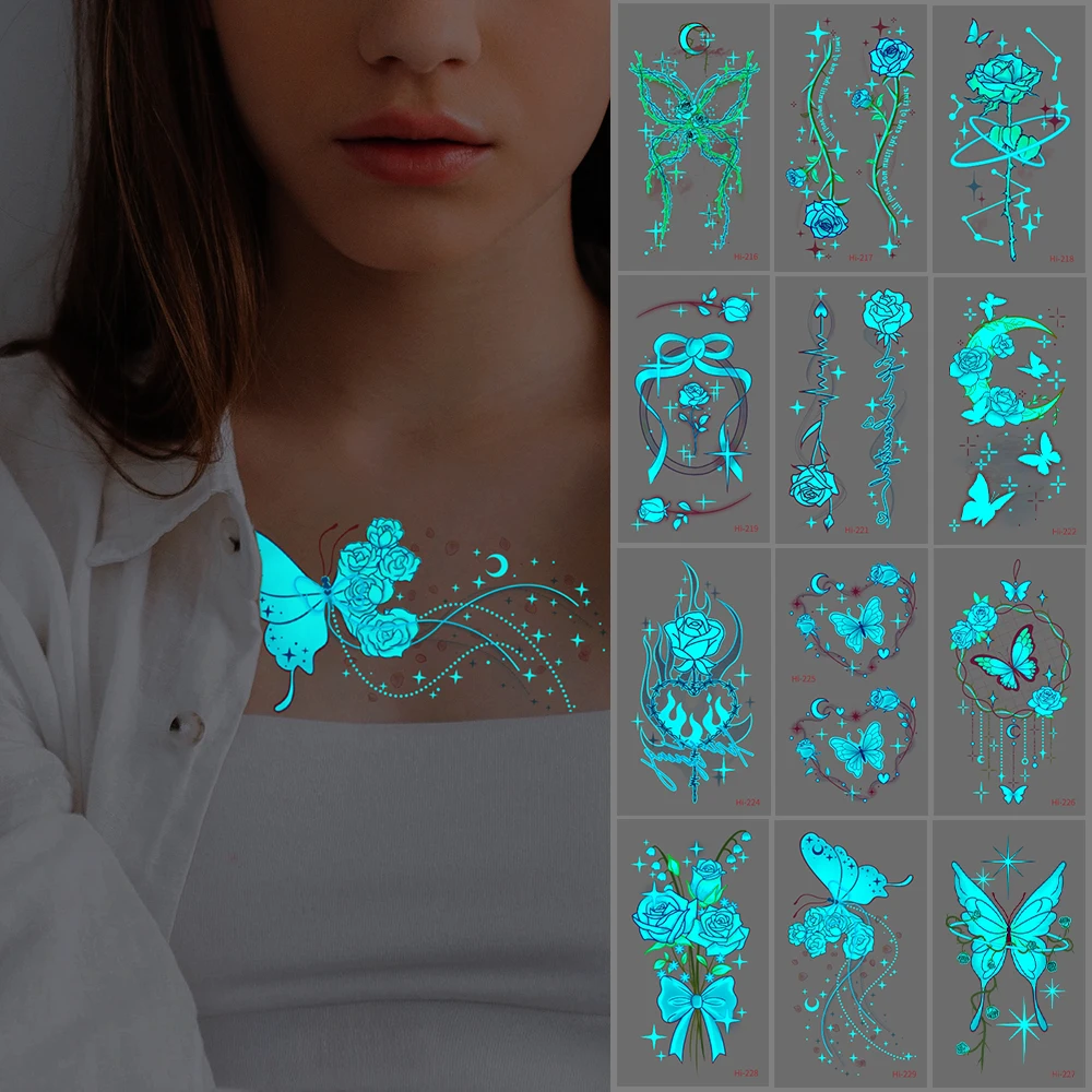 12 Sheets Glow in Dark Rose Butterfly Tattoo Stickers - Small Sexy Waterproof Temporary Tattoos for Women, Party Music Festival
12 Sheets Glow in Dark Rose Butterfly Tattoo Stickers - Small Sexy Waterproof Temporary Tattoos for Women, Party Music Festival